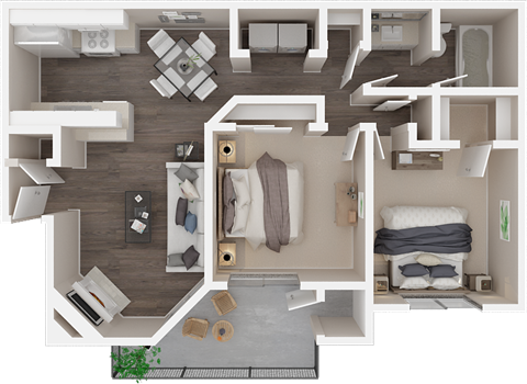 Floor plan for 2 beds, 1 bath, 878 sqft